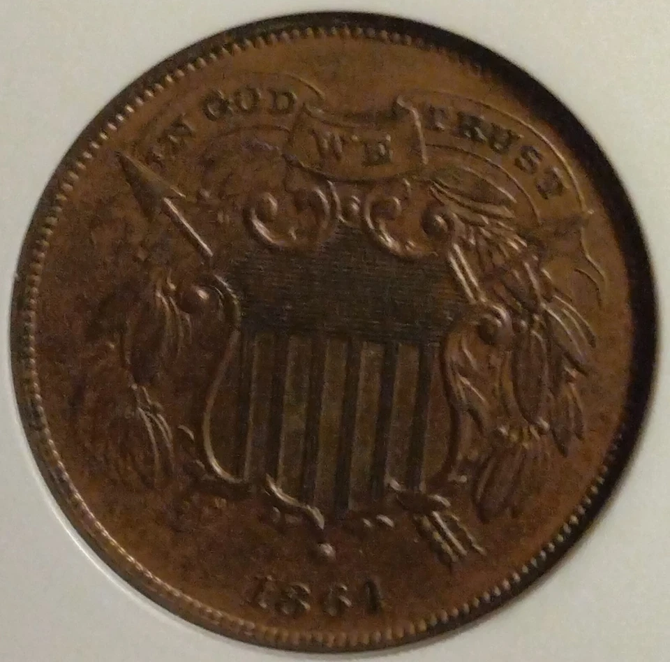 MS-61  $1,775 LIST! Nice Patina 'small MOTTO' UNCIRCULATED 1864 2-CENT ANACS rjs - Image 2 of 4