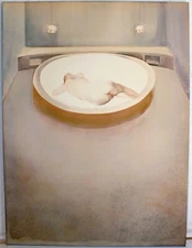 VINTAGE HUGE ORIGINAL MIXED MEDIA PAINTING ON CARDBOARD SIGNED 1976 SURREALISM