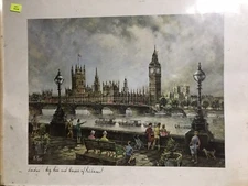H. Moss Lithograph Big Ben Framed Print London House and Bridge Canal 