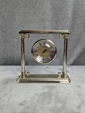 Vintage PS Quartz Silver Colored Pillar Mantle Clock - Works, Missing Back