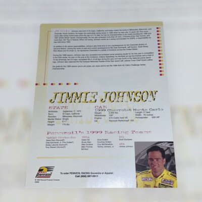 Jimmie Johnson VINTAGE 1998 PENNZOIL CHEVY #44 ASA 9x11 POSTCARD