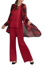 IMAN Global Chic 3-piece Chiffon Cardigan w/Tank & Pant Set Red Floral
