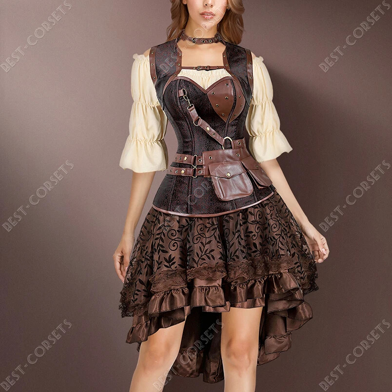 Steampunk Corset Bustier Top Dress Skirt with Tutu 3 Set Plus Size Vintage Lace Up Gothic Costume - Beige-Brown M