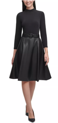 NWT CALVIN KLEIN Faux-Leather Mock-Neck Fit & Flare Dress Sz 16 long sleeve  belt | eBay