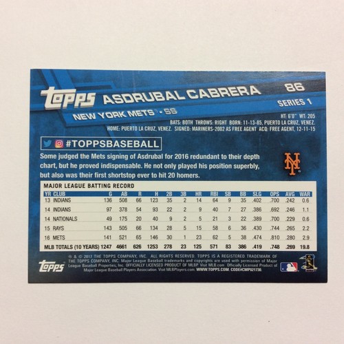 2017 Topps - Asdrubal Cabrera #86 - Bild 2 von 2