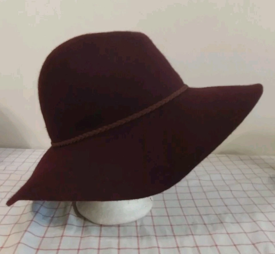 "Sombrero 100 % lana rojo ala ancha 3,75"" banda marrón fieltro para mujer apertura interior 7,75""" Foto 3 de 4