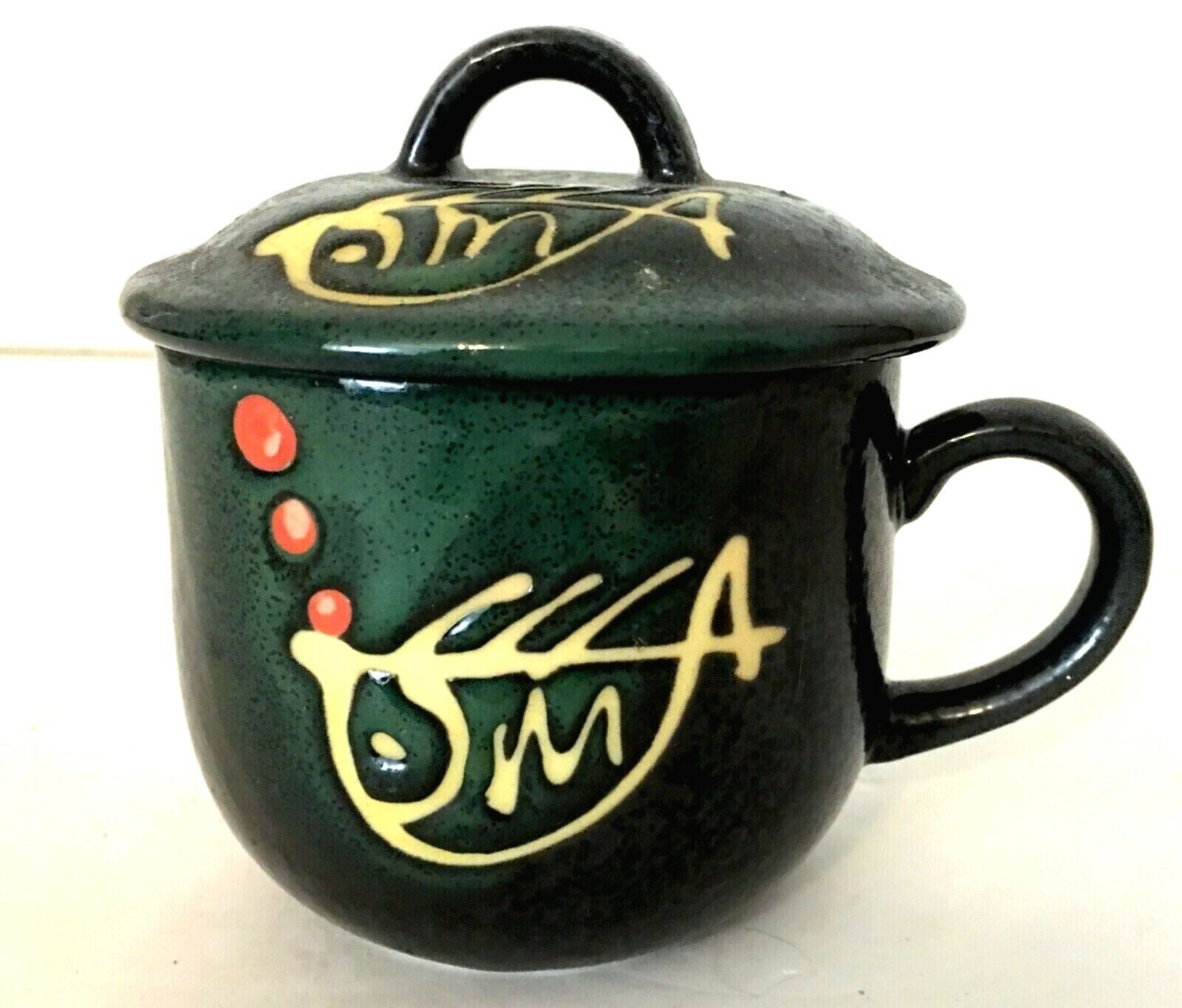 Abstract Fish Design Pottery Mug with Lid Black & Green 2.75"H 3"W  6oz EUC