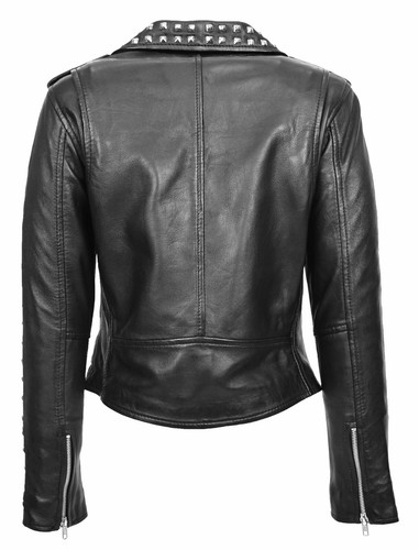 Womens Black Leather Biker Jacket Studded Detail Fitted Brando Motorcycle Style - Picture 2 of 8