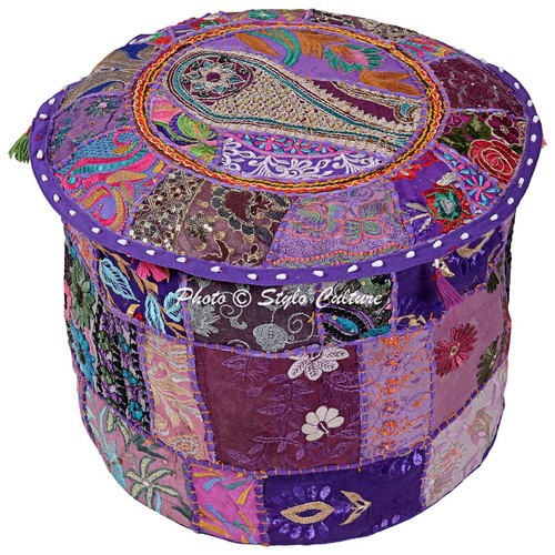 Ethnic Round Pouffe Ottoman Foot Stool Cover Cotton Boho Patchwork Embroidered - Picture 47 of 53