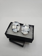 Vibtage 70s 80s Abalone Shell Acrylic Earrings Art Deco Black White