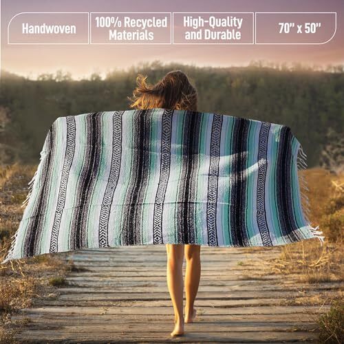 Authentic Extra Large Mexican Blanket (70"x50") - Handwoven Yoga Aqua Green - Bild 6 von 6