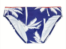 Navy Blue w/ Tropical Palm Trees  Red Accents Men's Swim Briefs. Large 34"