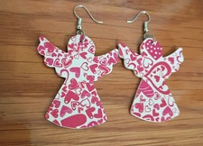 Angel Drop Earrings Red White Heart Print Valentine's Day Dangle Lightweight
