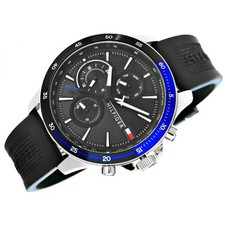 BRAND NEW GENUINE TOMMY HILFIGER  1791724 BLACK STRAP SILVER CASE BANK WATCH