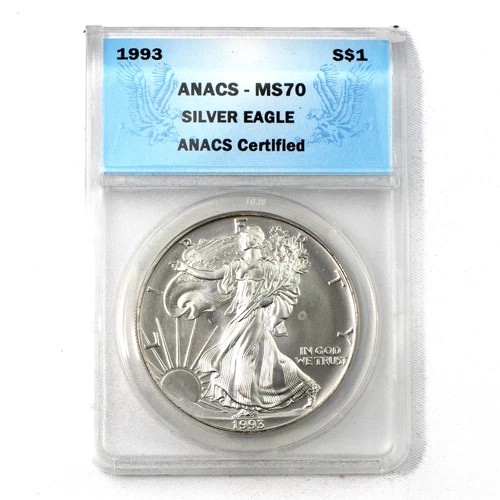 1993 American Silver Eagle – Key Date ANACS MS70 Blue Label – 1 oz – Light Spots
