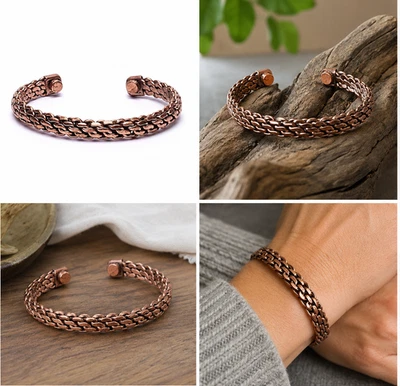 Bracelet cuivre tressé aimants 1098 Gauss 6,5 cm bijou ajustable mixte artisanal - Photo 1/2