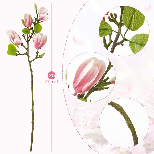 6 PCS 27inch Artificial Magnolia Flowers 3D Real Touch 24 Heads Faux Magnolia... - Picture 2 of 6