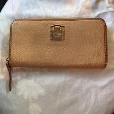 Dooney & Bourke Brown Cream Pebble Grain Medium Zip Around Wallet
