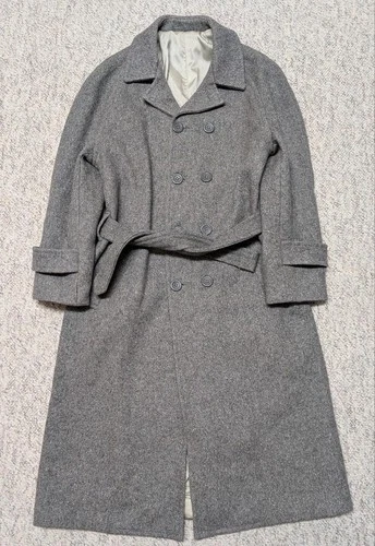 vintage USA made OVERCOAT polo style BELTED raglan 36 gray wool TWEED fleck XS video thumbnail