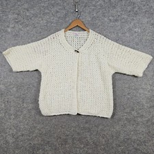 Genuine Hand Crochet Cardigan Sweater Cream Half Sleeve Toggle Button Cozy Meike