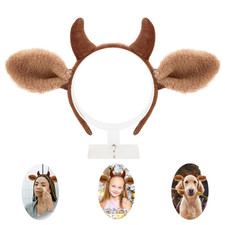 Brown Cow Ears Headband - Realistic Horns and Furry Fluffy Costume Accessory for