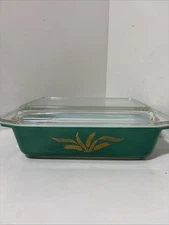 Vintage Promotional Pyrex Green Gold Wheat Casserole Dish With Lid # 575 -B 2qt