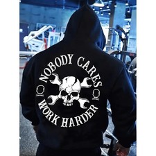 Men Nobody Cares Work Harder Skull Print Hoodie Long Sleeve Black Polyester