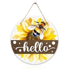 Hello Bee Decor, Welcome Hanging Sign For Front Door, Sunflower Door Sign Wit...
