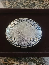 VTG Gist Belt Buckle Solid Bronze Sterling Silver Overlay w/Sapphire Stones USA