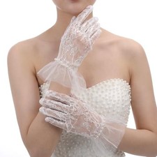 Ymapinc White Lace Gloves for Women, Short Bridal Mesh Gloves with Pearls,