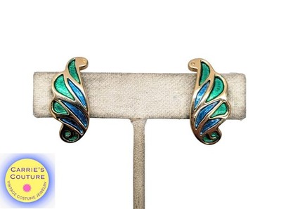 Vintage 1960s Signed Napier Green & Blue Enamel Feather Clip Earrings