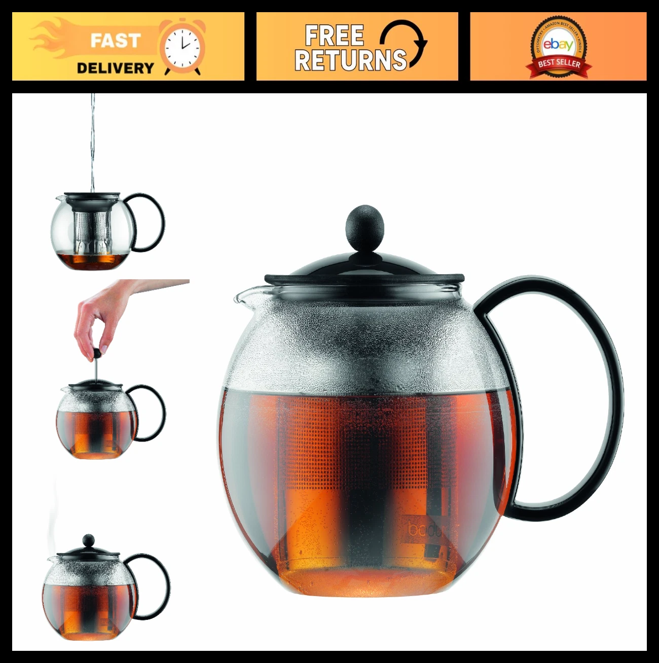 34oz Glass Tea Press with Stainless Steel Filter & Black Lid - Perfect for Brewi