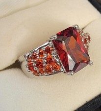 Sterling Silver 925 Red Garnet Faceted Radiant  Round Prong Mounted Sz 8.5