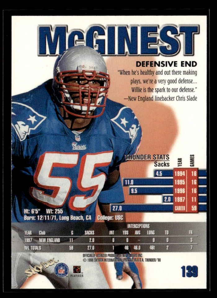 1998 SkyBox Thunder Willie McGinest #139 - Image 2 of 2