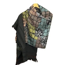 Vintage Kashmir Wool Shawl Reversible Wrap Geometric Fringe Boho India artisan
