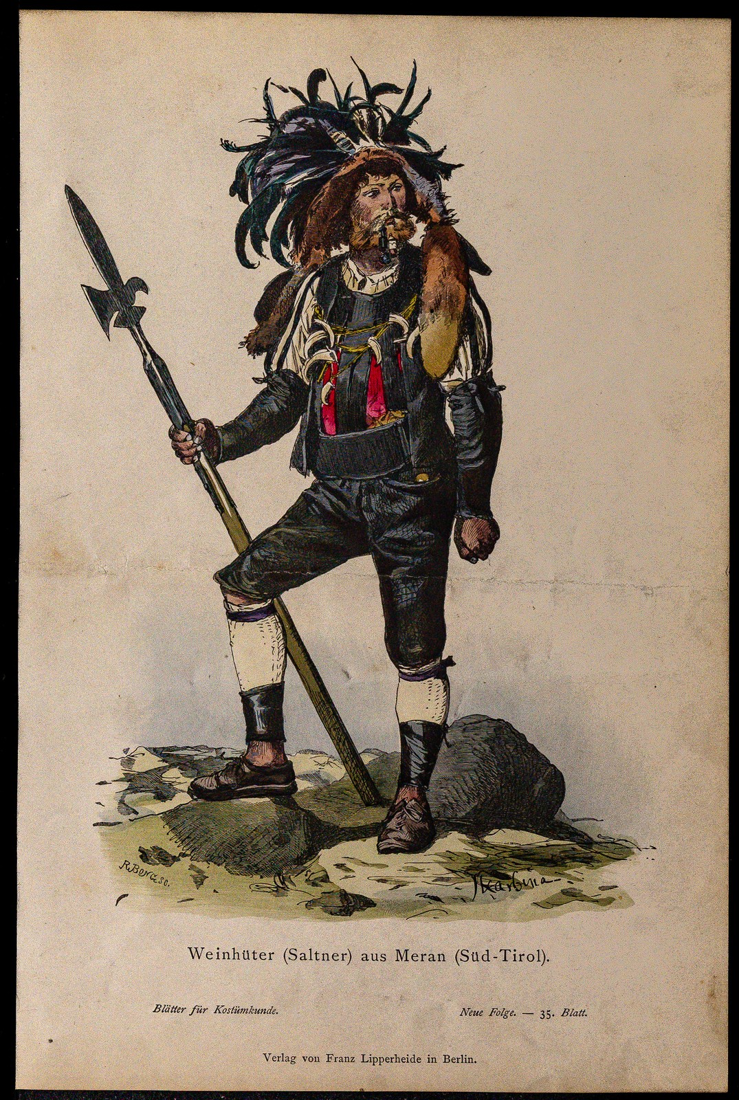 1880ca - Guardián De Viñedos Tiroles En Traje Tradicional - Grabado Antiguo