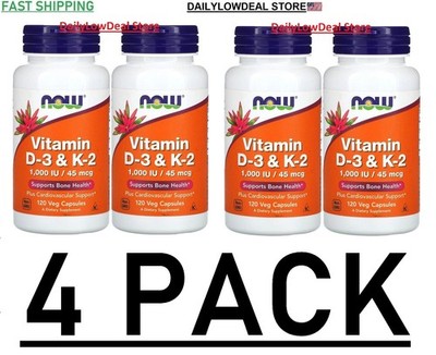 4 PACK - Now Foods Vitamin D-3 & K-2, 120 Veg Capsules (Total 480 Capsules)