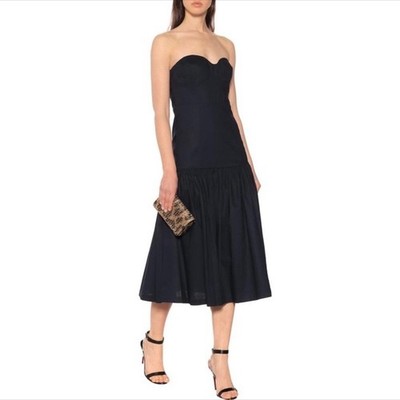 Veronica Beard Dress Women 00 Navy Blue Fiore Strapless Linen Bustier Drop Waist