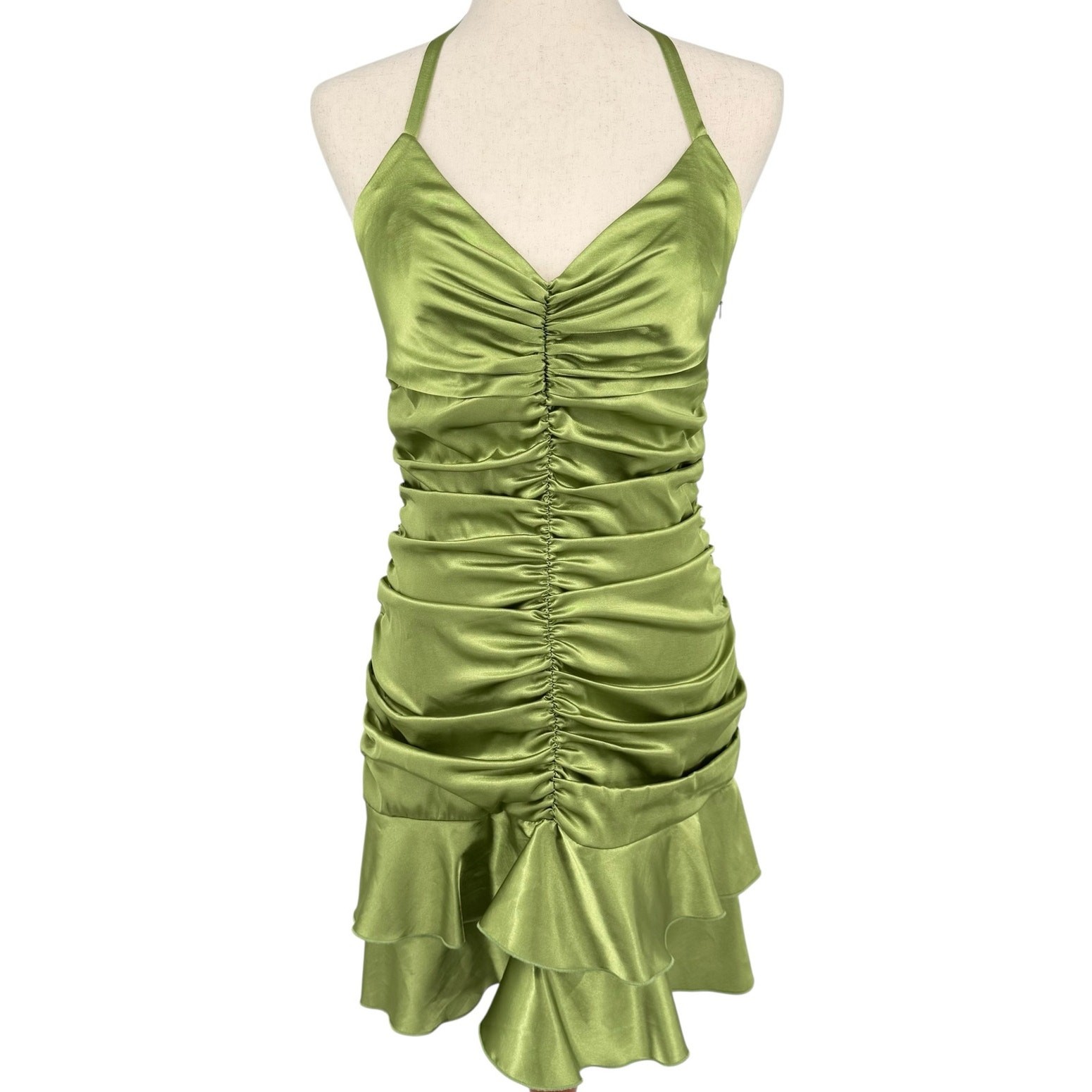 Vintage y2k Women's Green Satin Ruched Jessica McClintock Halter Mini Dress Sz 8