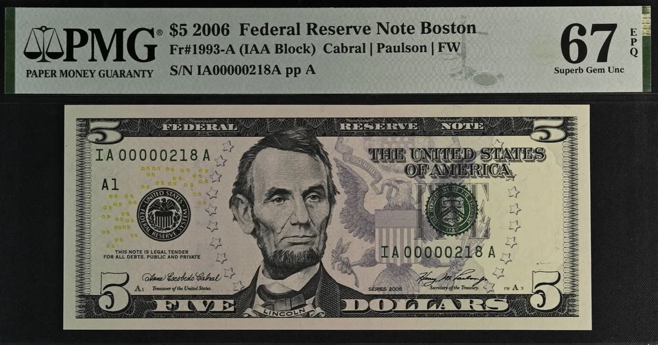 2006 $5 Federal Reserve Note PMG 67EPQ birthday low serial number 00000218 - Image 2 of 3