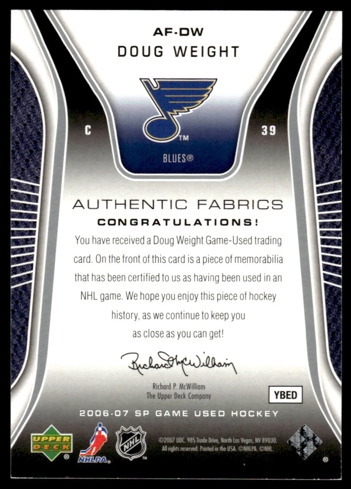 2006-07 SP Game Used Authentic Fabrics Doug Weight St. Louis Blues #AF-DW R13 - Image 2 of 2