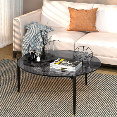 Sophisticated Ash Glass Coffee Table Modern Tables w/ Solid Steel Legs Gray Gold