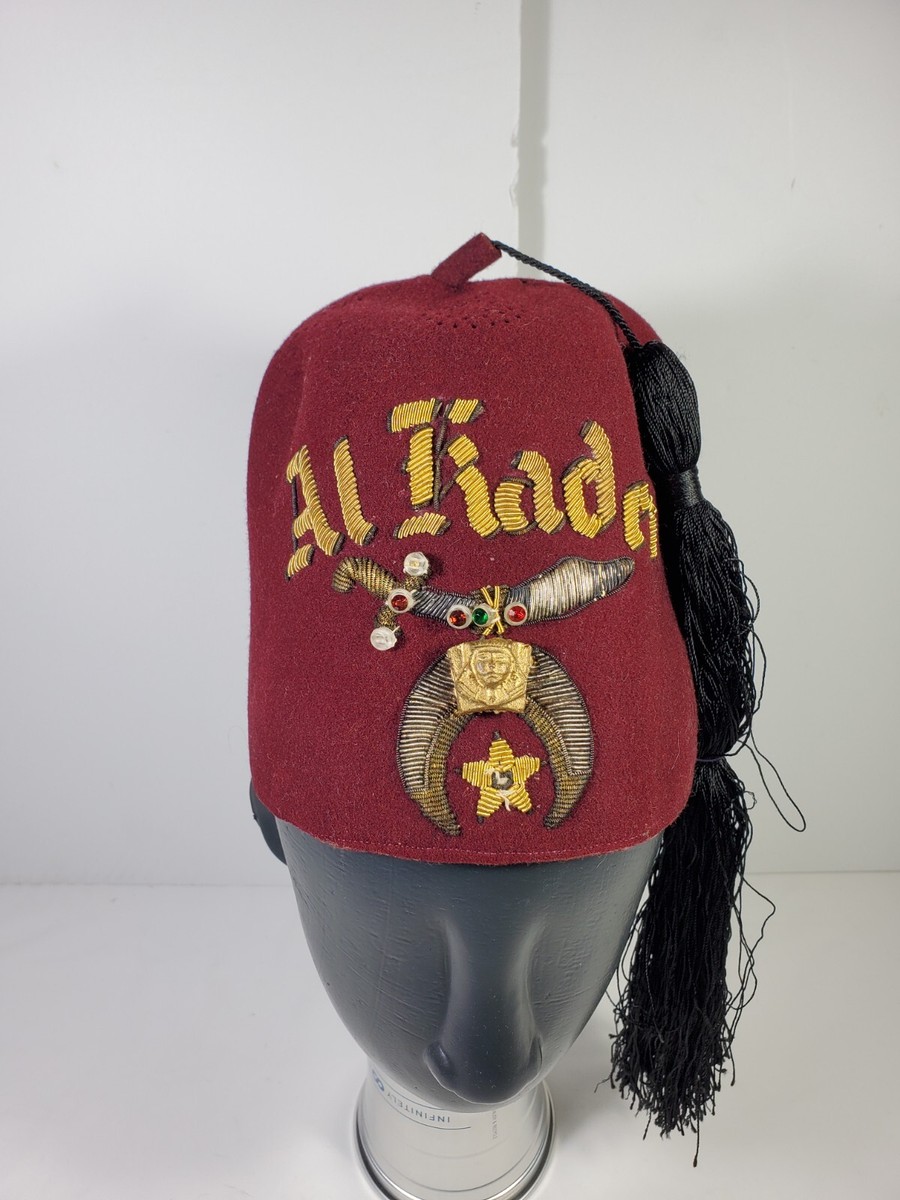 VINTAGE SHRINER MASONIC FEZ AL KADER RED CAP HAT W SWORD TASSEL HOLDER