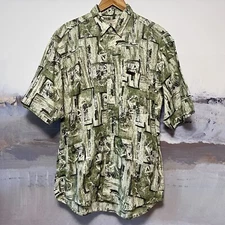 Vtg WOOLRICH Mens M Golfer Print Shirt Button Down Woven Short Sleeve Green 90s
