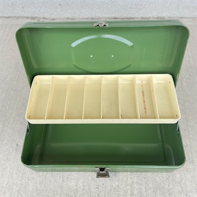 Vintage Old Pal Fishing Tackle Box Metal Green 1 Tray Steel Made