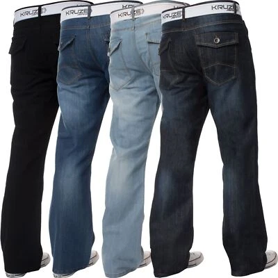Kruze Bootcut Jeans Mens Flared Wide Leg Denim Trouser Belted Pants All UK Sizes - Image 1 of 4