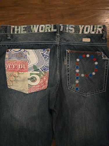 Parish Jeans Mens Size 36x32 The World Is Yours Designed Pockets Denim Y2k - Picture 2 of 7