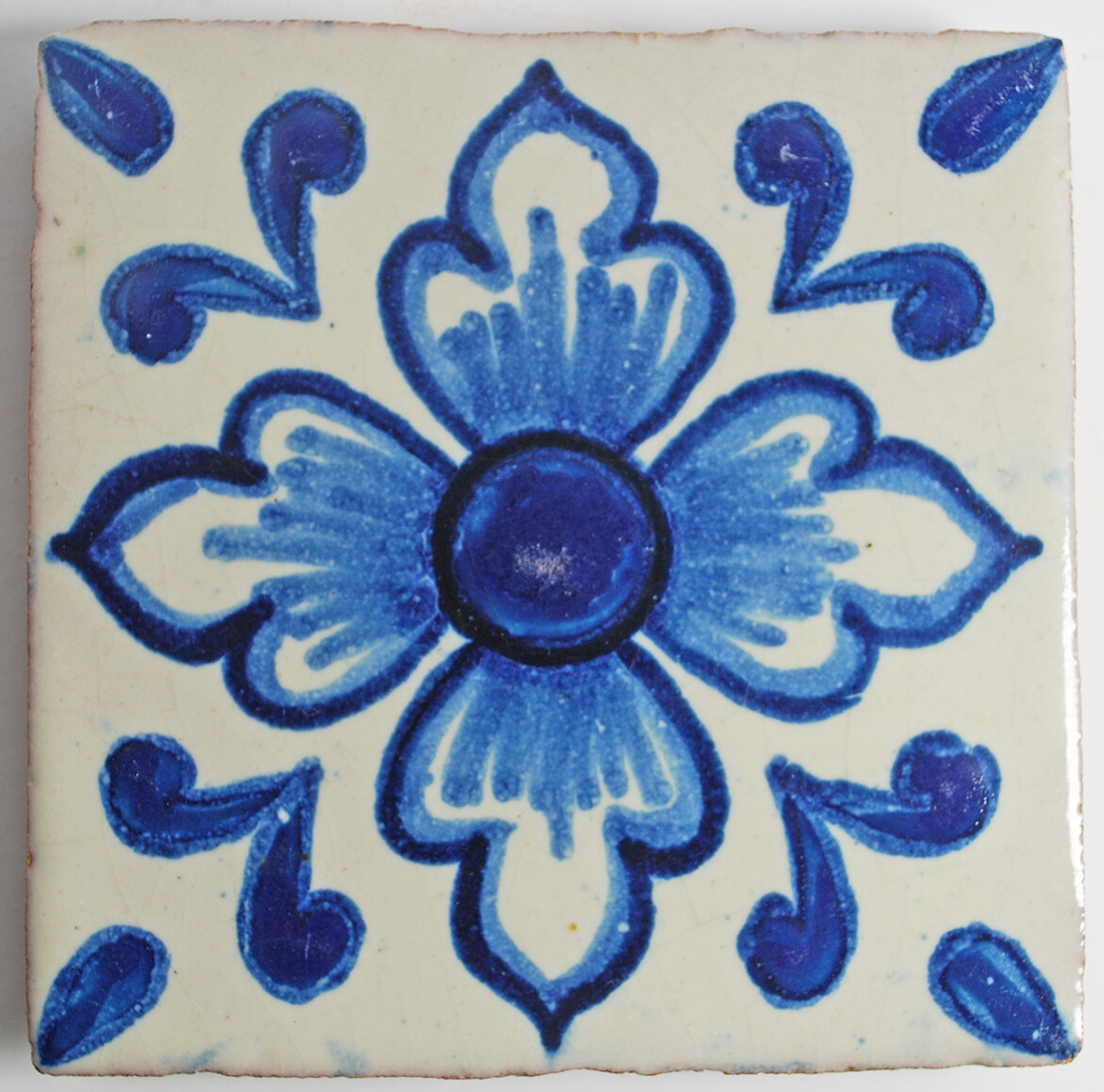 Vintage Decorative Ceramic Glazed Tile Blue Floral Design 4.75" Wall