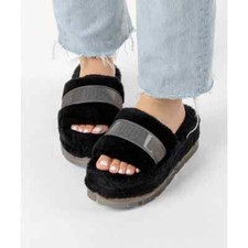 NIB UGG Australia Fluffita 9 40 Black Clear Platform Slide Slipper Sandals