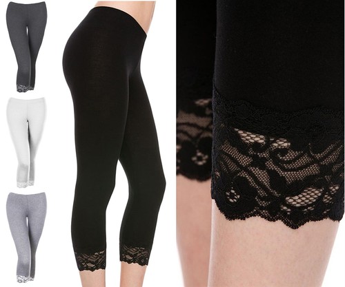 Lace Trim Solid Capri Leggings S-3XXL 